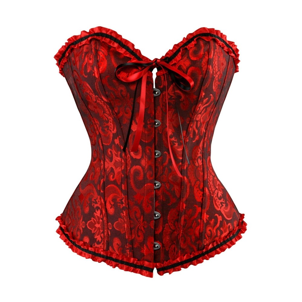 Red Black Brocade Corset Ruffle Trim Bow Detail and Matching G String Size S